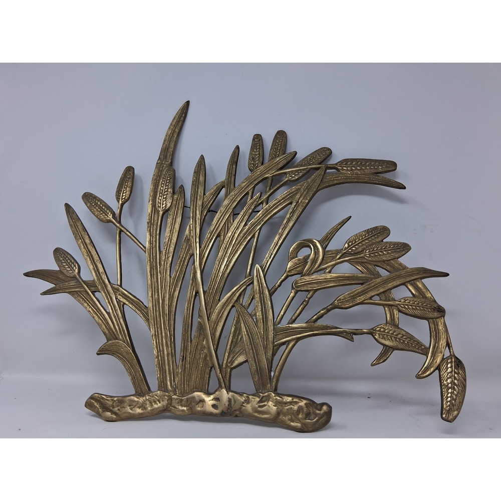 Vintage Brass Cattails Marsh Grass Wall Hanging Sculpture Metal Art Nature Decor